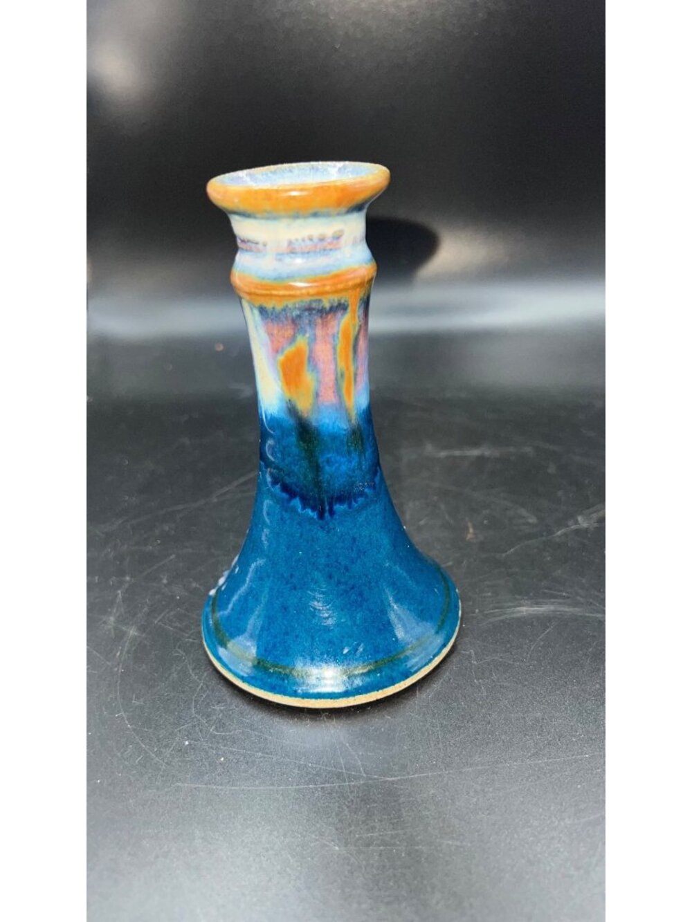 Handmade Ceramic Candle Holder Blue Multicolor Glaze Signed Base 5” Tall OOAK